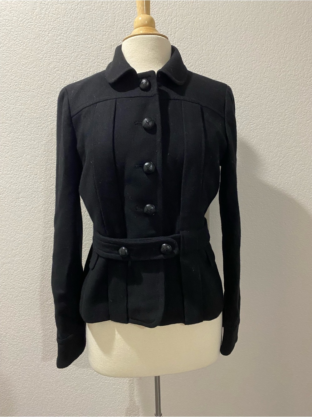 J. Crew Norfolk Black Tailored 100% Wool Coat Self Belt Size 10
